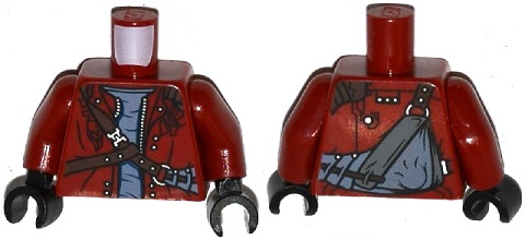 Torso Open Zipper Jacket over Gray Shirt with Silver Rivets and Leather Straps, Sling Bag on Back Pattern / Dark Red Arms / Black Hands