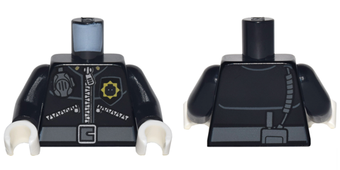 Torso Police 3 Zippers, Minifigure Head Badge, Radio and Belt Pattern (Pattern on Front and Back) / Black Arms / White Hands