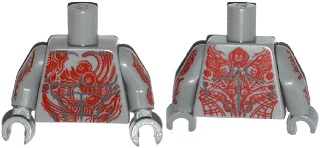 Torso Bare Chest with Muscles and Red Tattoo with Minifigure Heads Pattern / Light Bluish Gray Arms with Red Tattoo Pattern / Light Bluish Gray Hands