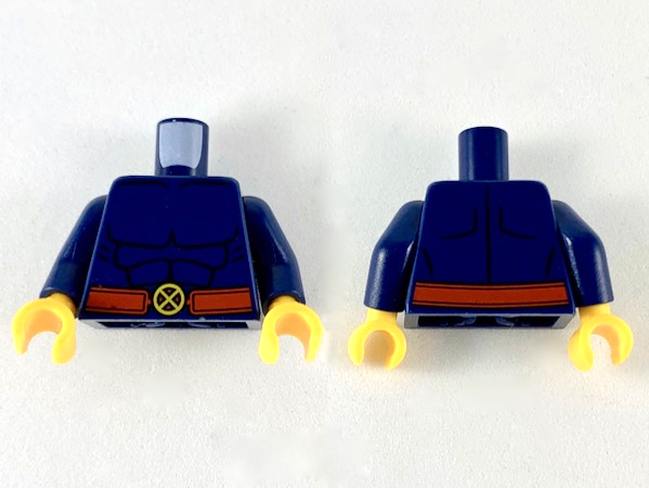 Torso Bare Chest with Muscles Outline and Red Belt with X-Men Logo Belt Buckle Pattern / Dark Blue Arms / Bright Light Orange Hands