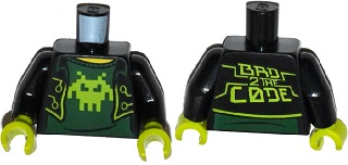 Torso Short Jacket Open with Lime Trim over Dark Green Shirt with Pixelated Alien, Yellow Neck, Stylized 'BAD 2 THE CODE' on Back Pattern / Black Arms / Lime Hands