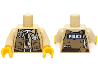 Torso Police Shirt Dark Tan Vest with Pockets, Radio, Badge, Sunglasses, Brown Belt and 'POLICE' Pattern on Back / Tan Arms / Yellow Hands