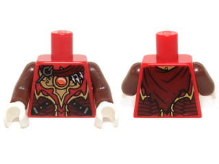 Torso Vest with Dark Red and Gold Armor with Black Straps, Scales, Fire Chi Emblem and Cape with Buckle Pattern / Reddish Brown Arms / White Hands