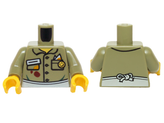 Torso Shirt Button Down with Pockets, Name Tag, Smiley Face Button and White Apron on Front and Back Pattern / Olive Green Arms / Yellow Hands