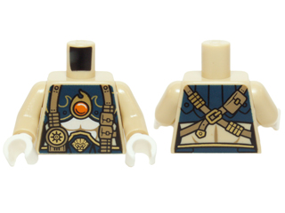 Torso Chima Female Outline with Dark Blue and Gold Armor with Scales, Straps, Pouches and Fire Chi Emblem Pattern / Tan Arms / White Hands