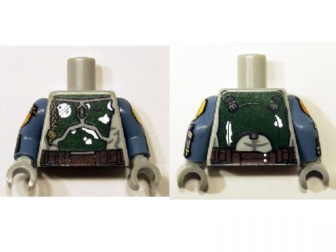 Torso SW Mandalorian Armor Plates Dark Green Pattern Dual Sided (Boba Fett), Large Emblem on Chest / Sand Blue Arms Printed / Light Bluish Gray Hands