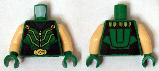 Torso Black Striped Vest with Clasps and Lime Lines, Zipper, Belt with Gold Buckle and Muscles Pattern (Green Arrow) / Light Nougat Arms / Green Hands