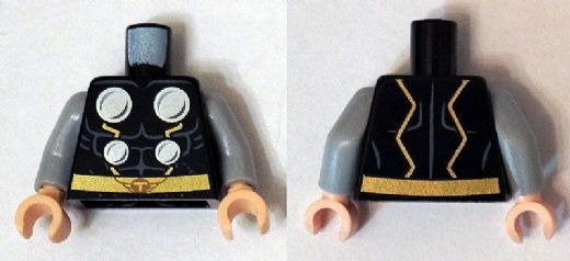 Torso Super Hero Costume with 4 Silver Circles and Gold Belt with Capital Letter T, Dark Bluish Gray Muscles Outline Pattern / Light Bluish Gray Arms / Light Nougat Hands