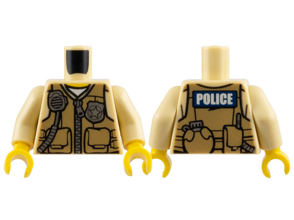 Torso Police Shirt with Dark Tan Vest with Pockets, Silver Radio and Badge, Zipper and 'POLICE' Pattern on Back / Tan Arms / Yellow Hands