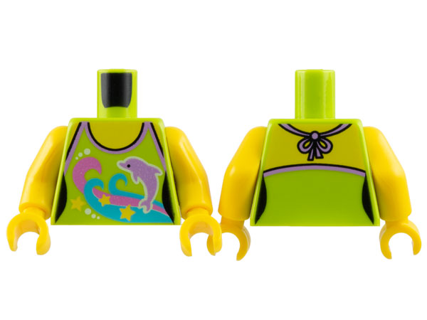 Torso Female Halter Top with Stars, Dark Pink and Medium Azure Waves, Medium Lavender Dolphin, and White Dots, Yellow Neck and Shoulders Pattern / Yellow Arms / Yellow Hands