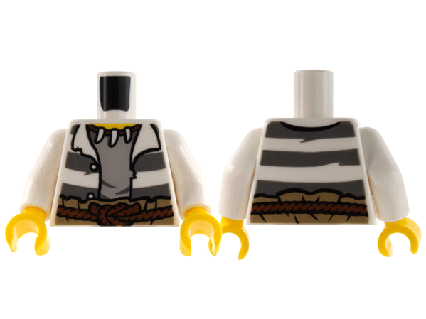 Torso Town Prisoner Jacket Open with Buttons and Dark Bluish Gray Stripes over Light Bluish Gray Shirt, Reddish Brown Rope Belt, Animal Tooth / Claw Necklace, Yellow Neck Pattern / White Arms / Yellow Hands