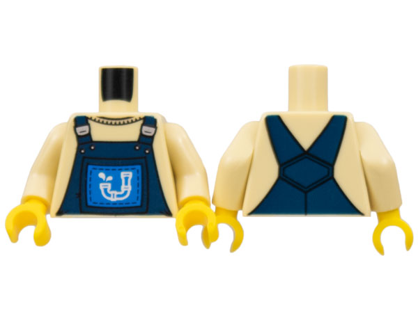 Torso Overalls Dark Blue over Crew Neck Shirt, White Drainpipe on Blue Patch Pattern / Tan Arms / Yellow Hands