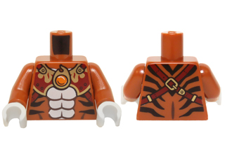 Torso Black Bare Chest with Tiger Stripes, Dark Red and Gold Armor with Straps and Fire Chi Emblem Pattern / Dark Orange Arms / White Hands