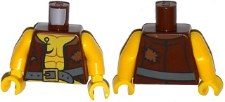 Torso Pirate Vest Open with Medium Nougat Patches, Dark Bluish Gray Belt with Gold Buckle, Dark Orange Muscles Outline, Black Anchor Tattoo Pattern / Yellow Arms / Yellow Hands