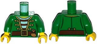 Torso Pirate Jacket Open with Gold Trim over Shirt with Red and White Horizontal Stripes, Reddish Brown Belt with Buckle, Medium Nougat Pouch, Yellow Neck Pattern / Green Arms / Yellow Hands