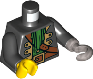 Torso Pirate Captain Jacket Open with Gold Trim over Green Shirt with Narrow Neck Ruffle, Dark Orange Strap, Belt with Buckle Pattern / Black Arms / Flat Silver Hook Left / Yellow Hand Right