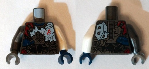 Torso Black, Dark Red, and Dark Blue Armor with Red Avengers Logo Pattern (Ultron MK1) / White Arm Left / Pearl Dark Gray Arm Right / Dark Blue Hand Left / Dark Bluish Gray Hand Right