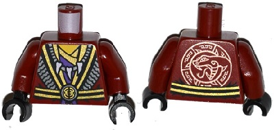 Torso Robe with Black and Gold Belt and Trim over Dark Purple Shirt, White Animal Tooth / Claw Necklace, Yellow Neck, Copper Snake Head Emblem on Back Pattern / Dark Red Arms / Black Hands