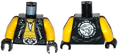 Torso Leather Vest over Bare Chest, Tooth Necklace, Snake Heads Belt Buckle, Snake Head on Reverse Pattern / Yellow Arms / Black Hands