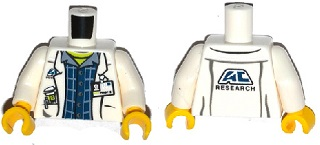 Torso Lab Coat with Pockets and ID Badge over Plaid Shirt and Lime Top and 'AC RESEARCH' on Back Pattern / White Arms / Yellow Hands
