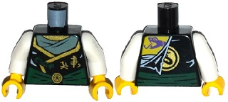 Torso Ninjago Robe with Dark Green Sash, Gold Asian Characters, Torn with Dark Purple Snake Head on Back Pattern / White Arms / Yellow Hands