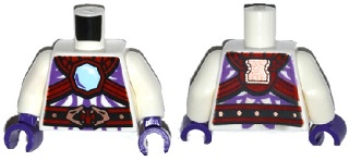 Torso Ninjago Snake with Bright Light Blue Gem, Black and Red Armor and Belt with Copper Snake Heads Pattern / White Arms / Dark Purple Hands
