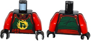 Torso Ninjago Female Dark Green Samurai Armor with Gold Phoenix and Red Sash Pattern / Red Arms / Black Hands