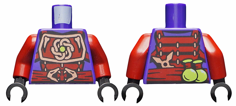 Torso Ninjago Copper and Dark Red Samurai Armor, Snake Heads Belt Buckle, Shuriken Throwing Star and Vials on Reverse Pattern / Dark Red Arms / Black Hands