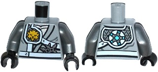 Torso Ninjago Shoulder Protection with White Straps and Gold Lion Emblem over Robes, Shurikens in Belt Pattern / Flat Silver Arms / Black Hands