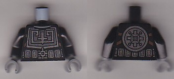Torso Ninjago Silver Breastplate, Belt and Circle Emblem on Reverse Pattern / Black Arms / Dark Bluish Gray Hands