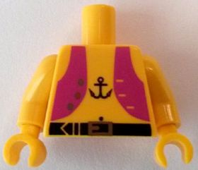 Torso Pirate Magenta Vest Open with Gold Buttons, Black Belt with Buckle, Anchor Tattoo, Navel Pattern / Yellow Arms / Yellow Hands
