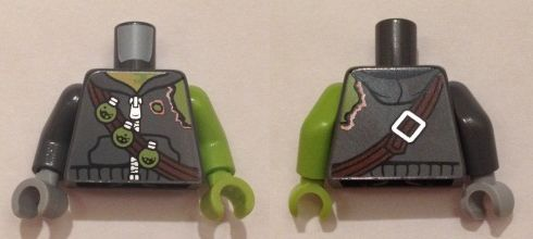 Torso Hoodie with Zipper, Torn Shoulder, Bandolier with 3 Toxic Bulbs Pattern / Lime Arm and Hand Left / Dark Bluish Gray Arm Right  / Light Bluish Gray Hand Right