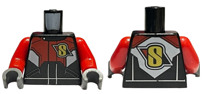 Torso Racing Suit with Red and White Chest and Back Panel with Yellow 'S' Logo Pattern / Red Arms / Dark Bluish Gray Hands