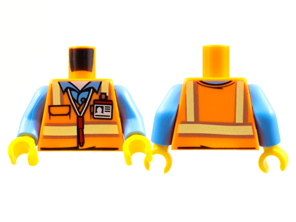 Torso Safety Vest with Reflective Stripes over Medium Blue Shirt, ID Badge, Red Pen Around Neck Pattern / Medium Blue Arms / Yellow Hands