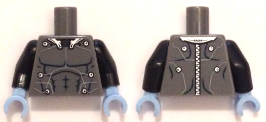 Torso Muscles Outline with Electrodes and Wires, Silver Collar and Zipper on Back Pattern / Black Arms / Bright Light Blue Hands