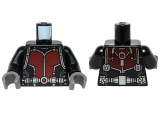 Torso Ant-Man Dark Red Body Suit with Silver Trim and Shoulder Belts Pattern / Black Arms / Dark Bluish Gray Hands