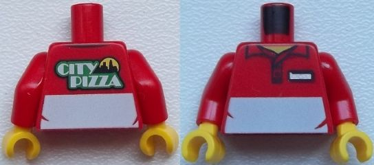 Torso Polo Shirt with White Panel and 'CITY PIZZA' on Reverse Pattern / Red Arms / Yellow Hands