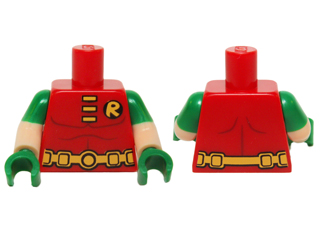 Torso Batman 'R' Symbol, Muscles Outline, 3 Yellow Clasps and Utility Belt Pattern / Light Nougat Arms with Molded Green Short Sleeves Pattern / Green Hands