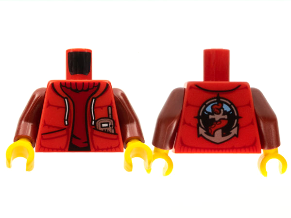 Torso Jacket with Pockets and Radio over Dark Red Sweater, Deep Sea Logo with Anchor and Tentacle on Back Pattern / Dark Red Arms / Yellow Hands