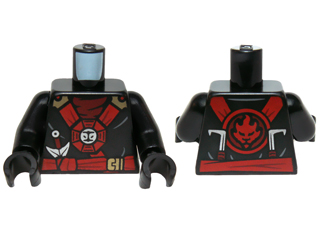 Torso Ninjago Red and Gold Straps and Belt, Round Emblem, Weapons and Dark Red Undershirt Pattern / Black Arms / Black Hands