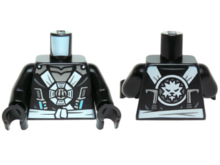 Torso Ninjago White and Silver Straps and Belt, Round Emblem, Weapons and Silver Armor Pattern / Black Arms / Black Hands