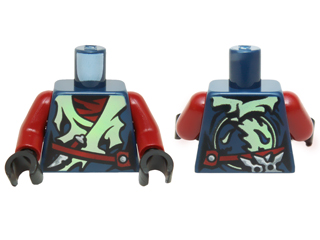 Torso Ninjago Tattered Yellowish Green Robe, Weapons and Dark Red Belt and Undershirt Pattern / Dark Red Arms / Black Hands