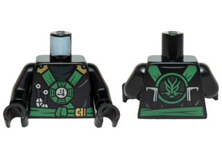Torso Ninjago Green and Gold Straps and Belt, Round Emblem, Weapons and Dark Green Undershirt Pattern / Black Arms / Black Hands