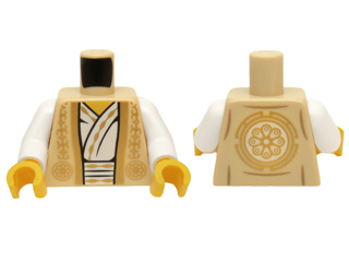 Torso Ninjago Vest with Gold Trim Over White Robe and Gold Flower Symbol on Back Pattern / White Arms / Yellow Hands