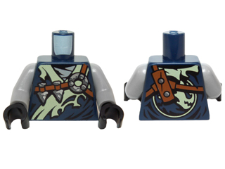 Torso Ninjago Robe Tattered Yellowish Green Collar, Reddish Brown Straps, Silver Arrowheads Pattern / Light Bluish Gray Arms / Black Hands