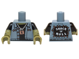 Torso Vest over Black Undershirt, Padlock, 'SHOCK 'n' ROLL' Back Pattern / Olive Green Arms with Black Short Sleeves and Stitches / Olive Green Hands