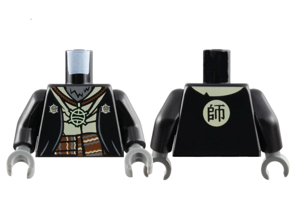 Torso Jacket Open over Tan Shirt, Reddish Brown Sash, Necklace with Yellowish Green Pendant, Dark Bluish Gray Neck Fur, Japanese Logogram '師' (Teacher) on Back Pattern / Black Arms / Dark Bluish Gray Hands