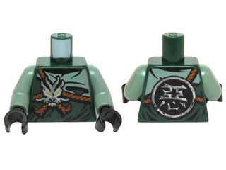 Torso Ninjago Dark Orange Straps, Silver Morro Symbol and Round Emblem with Chinese Logogram '悪' (Evil) Pattern / Sand Green Arms / Black Hands