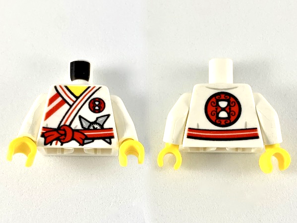 Torso Ninjago Robe with Red Sash and Trim and Silver Shuriken Throwing Star Pattern / White Arms / Yellow Hands