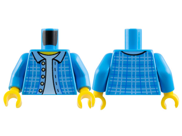 Torso Plaid Jacket with Bright Light Blue Hem and Collar and Light Bluish Gray Buttons over White Shirt, Yellow Neck Pattern / Dark Azure Arms / Yellow Hands